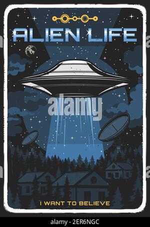 Retro Poster mit ufo beleuchten Häuser bei Nacht. Vector Alien Untertasse in Sternenhimmel erkunden menschliches Leben auf der Erde. Außerirdischer Komer aus dem äußeren Spa Stock Vektor