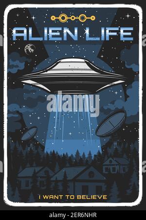 Retro Poster mit ufo beleuchten Häuser bei Nacht. Vector Alien Untertasse in Sternenhimmel erkunden menschliches Leben auf der Erde. Außerirdischer Komer aus dem äußeren Spa Stock Vektor