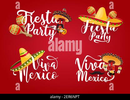 Viva Mexiko und mexikanische Fiesta Party Vektor-Symbole. Rote Chili Pfeffer Cartoon-Figuren mit Sombrero Hüte, Maracas und Mariachi-Gitarre, Schnurrbärte und Stock Vektor