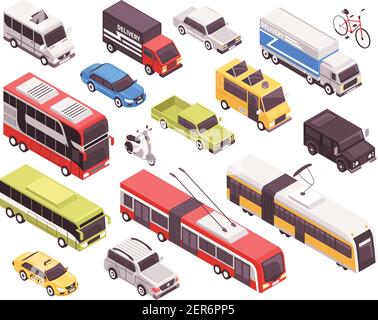 Öffentliche Verkehrsmittel einschließlich Bus, Trolley, Straßenbahn, persönliche Fahrzeuge, Taxi, Fahrzeuge, Satz von isometrischen Symbolen isolierte Vektordarstellung Stock Vektor