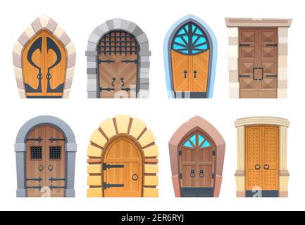 Cartoon Tore und Türen Vektor Holz und Stein mittelalterlichen oder märchenhaften gewölbten oder rechteckigen Einträge. Palast oder Schloss außen Designelemente mit fo Stock Vektor