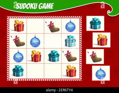 Kinder Sudoku Spiel mit Weihnachtsgeschenke Boxen, Strumpf und Ornamente Kugel. Kinder Aktivitätsblatt, Logik-Training Puzzle oder pädagogisches Spiel mit wi Stock Vektor