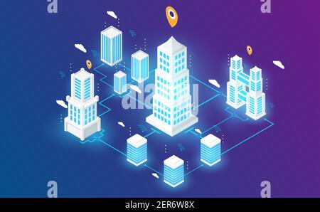 Isometrische Smart City connectin Landescape.Futuristic Concept.Vector und illsutration Stock Vektor