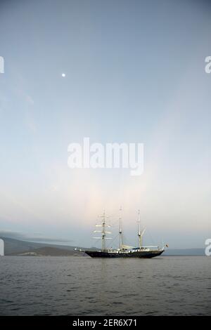 Mary Anne ankerte unter dem Vollmond, Punta Espinosa, Fernandina Insel, Galapagos Inseln, Ecuador Stockfoto