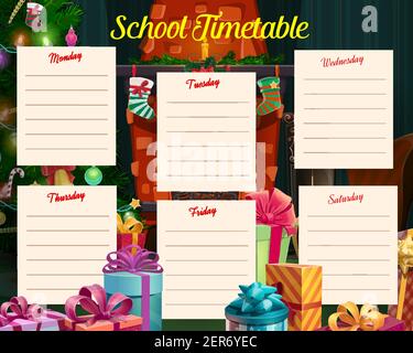 Weihnachtsferien Schulkalender mit Geschenken und Strumpf am Kamin. Studienprogramm, Feier Planer Wochenplan Vorlage mit dekoriert C Stock Vektor