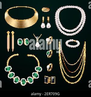 Schmuck Accessoires realistisches Set mit Ringen und Ohrringen auf schwarz Hintergrund isolierte Vektorgrafik Stock Vektor