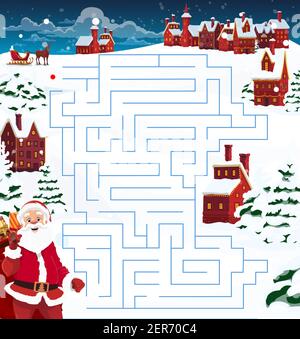 Kind Weihnachten Labyrinth, Labyrinth-Spiel-Vorlage mit Santa, Rentier und Stadt. Weihnachtsmann mit Sack voller Geschenke, Hirsch und Schlitten, Häuser geschmückt ga Stock Vektor