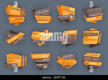Glutenfreie Öko-Etiketten, Bio-Naturprodukt-Vektor-Tags oder Embleme mit gekreuzten Weizenohren. Natürliche Bio-Lebensmittel, hundert Prozent echte Pre Stock Vektor