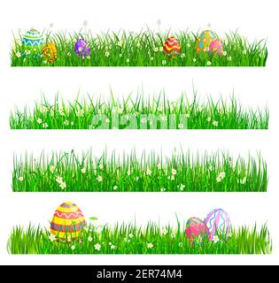 Ostereier Jagd, grünes Gras mit verzierten Eiern und Kamillenblumen isoliert Cartoon Vektor Grenzen gesetzt. Grünes Gras Klingen Feld. Osterjagd Stock Vektor