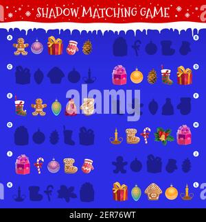 Kinder Schatten passende Spiel mit Weihnachtsobjekten. Kinder Labyrinth oder Rätsel mit passenden Aufgabe. Lebkuchenkekse, Weihnachtsbaum-Ornamente Kugeln, g Stock Vektor