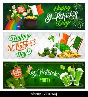 St. Patricks Day Banner, Cartoon-Vektor Kobold in grün Zylinder reiten Regenbogen. Topf mit Goldmünzen, Kleeblättern, Dudelsack und Ale. Irischer Heiliger Stock Vektor