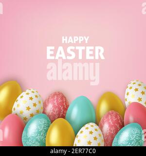 Realistischer Hintergrund Zusammensetzung von 3D Ostereiern. Vektorgrafik Stock Vektor