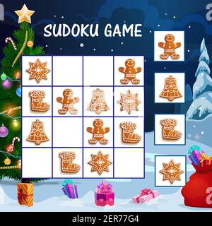 Kinder Sudoku Spiel mit Weihnachten Lebkuchen. Kinder pädagogische Aktivität Arbeitsblatt, logische Labyrinth oder Spiel mit Winterferien Süßigkeiten, decora Stock Vektor