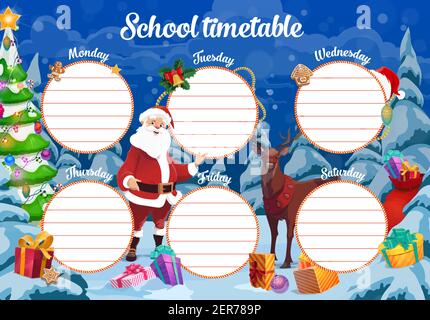 Stundenplan der Weihnachtsschule mit Weihnachtsmann, Rentieren und Geschenken. Kinder Wochenplaner oder Kalender, Feiertagsdiagramm mit geschmücktem Weihnachtsbaum, Stock Vektor
