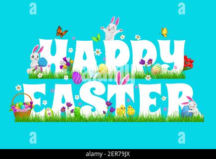 Happy Easter Vektor-Poster mit niedlichen Cartoon-Kaninchen, Küken, Hasenohren, verzierten Eiern, Korb und Typografie auf in grüner Wiese mit Gras, Blumen Stock Vektor