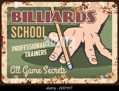 Billard Schule Metallplatte rostig, Pool Snooker Spiel, Vektor Retro Poster. Klassische russische Billard und Snooker Pool Sport Praxis und Training, po Stock Vektor
