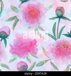 Aquarell rosa Pfingstrosen Blumen. Wunderschönes, florales Nahtmuster. Aquarell handgezeichnete Frühling botanische Illustration. Farbenfroher Druck für Textil, Stockfoto