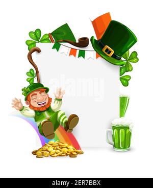 St. Patricks Tag Kobold Cartoon Vektorrahmen. Kobold auf Regenbogen reiten mit goldenen Münzen, grüner Zylinderhut, Irland Flagge, grüner Ale Cup, Rauchen Stock Vektor