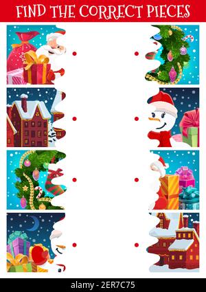 Kinder Weihnachten Puzzle, finden richtige Stück Spiel. Kinder Labyrinth mit Weihnachtskranz Ornamente, mit Girlanden Häuser und eingewickelten Urlaub Geschenk dekoriert Stock Vektor