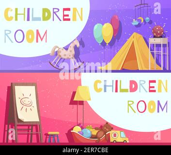 Kinderzimmer horizontale Cartoon Banner auf rosa und violetten Hintergrund Mit Innenelementen isolierte Vektordarstellung Stock Vektor