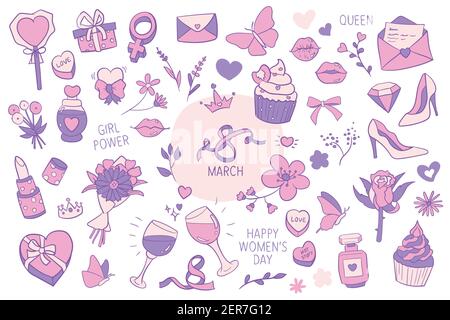 8. märz, internationaler Frauentag Themen Vektor Illustrationen Set, Sammlung von handgezeichneten Clip Art Zeichnungen und Elemente. Stock Vektor