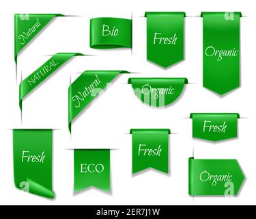Grüne Öko-Banner, isolierte 3D Vektor-Icons oder Etiketten für Naturprodukte. Bio frische Lebensmittel Design-Elemente. Realistische Bänder, Ecken, Seide promo Stock Vektor