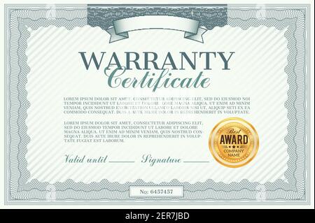 Vektorvorlage für Garantiezertifikate. Garantie für Qualität und Kundenzufriedenheit mit Best Award Gold Stempel oder Siegel und Guilloche Bordüre Rahmen, BU Stock Vektor