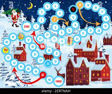 Weihnachtsabend Kinder Brettspiel mit Santa, Hirsch und alten Städten Straßen. Weihnachtsmann mit Weihnachtsbaum, Ziegelhäuser bedeckten Schnee und Rentier Cartoon-Vektor Stock Vektor