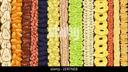 Getrocknete Früchte Linien auf dem Markt oder Shop Schaufenster. Birnenscheibe, Kumquat und Datteln, Hagebutte, Pflaume oder Damson, kandierter Ingwer, Melone und Kiwi, Bananenring, p Stock Vektor