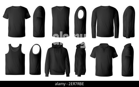 Herren schwarzes T-Shirt, Pullover und Hoodie realistisches Mockup. T-Shirts mit Polokragen und Rundhalsausschnitt, Singlet, ärmelloser Pullover und Sweatshirt vorne, seitlich Stock Vektor