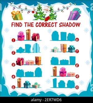 Kinder Weihnachten Rätsel, finden Sie richtige Schatten Spiel mit Weihnachtsgeschenke Silhouetten. Kinder passende Spiel, Labyrinth mit eingewickelten Geschenken, geschenkboxen decora Stock Vektor