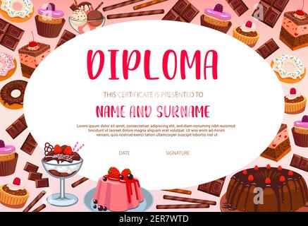 Schulbildung Diplom Vektor-Vorlage mit Süßigkeiten, Bäckerei und Süßwaren. Cartoon Zertifikat oder Rahmen mit Kuchen, Eis und Pudding, chocol Stock Vektor