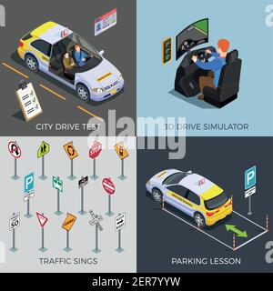 Fahrschule isometrisches 2x2 Design-Konzept mit Kompositionen von Verkehr Schilder fahren Simulatoren Autos und Text Vektor Illustration Stock Vektor
