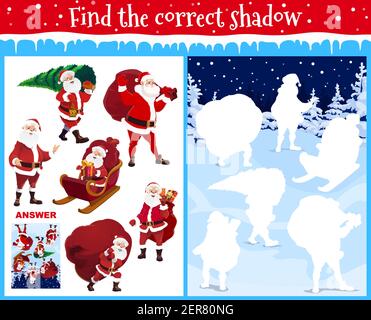 Finden Sie richtige Schatten Kinder Weihnachten Spiel mit Santa. Vorschule oder Kindergartenalter Kinder logische Puzzle-Spiel oder Labyrinth mit Santa Charakter im Schlitten, Stock Vektor