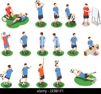 Fußball Fußball isometrische Menschen Ikonen Sammlung mit isolierten menschlichen Charakteren Von Spielern in Uniform mit Ball Vektor Illustration Stock Vektor