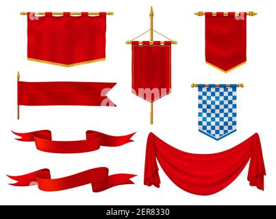 Mittelalterliche Flaggen und Banner, königlicher Vektor Stoff aus roten und karierten blauen und weißen Farben. Bänder im Vintage-Stil, Ritter-Standards mit goldenen Fransen Stock Vektor