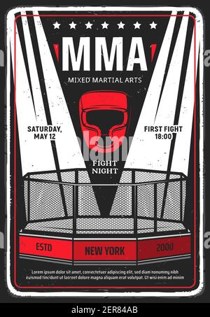 Mixed Martial Arts Turnier grungy Flyer oder Poster. Beleuchtet mit Suchscheinwerfer MMA Achteck Käfig und Boxen Kopfbedeckung Vektor. Kampfverein, Käfig f Stock Vektor