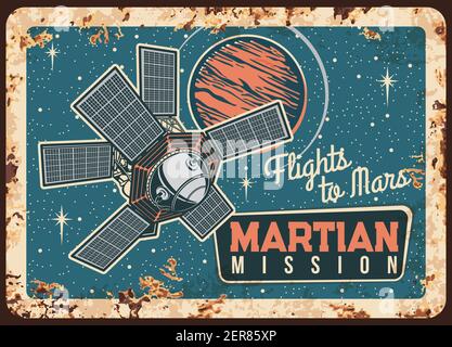 Mars Mission Vektor rostigen Metallplatte. Mars-Forschungszentrum, künstlicher interplanetarischer Satellit umkreist den Planeten des Sonnensystems, sputnik untersuchen Stock Vektor