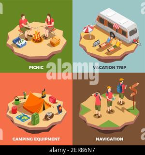 Camping Wandern isometrische Icons 2x2 Design-Konzept mit Kompositionen von Menschliche Charaktere und Reise in Verbindung stehende Elemente Vektordarstellung Stock Vektor