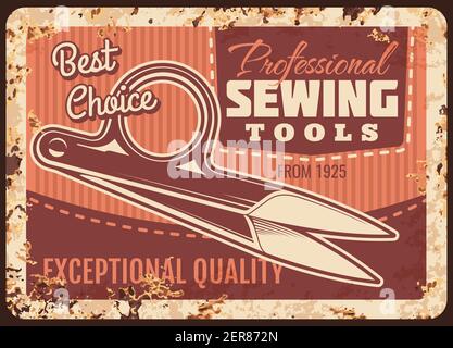 Professionelle Nähwerkzeuge rostigen Metallplatte mit Ripper und Stich auf Vektor vintage Rost Hintergrund. Schneiderinstrumente Shop, Studio, Atelier worksho Stock Vektor