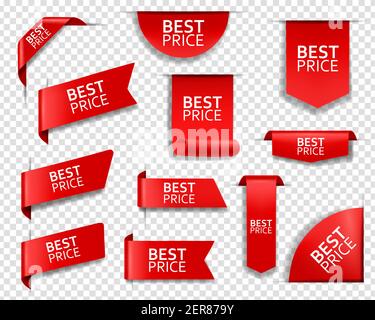 Web-Tag, Banner und Ecken zum besten Preis. Verkaufsförderung, Einkaufsrabatte bieten oder speichern Waren Preis Tags Vorlagen. Rote Bänder, glänzendes Gewebe bookm Stock Vektor