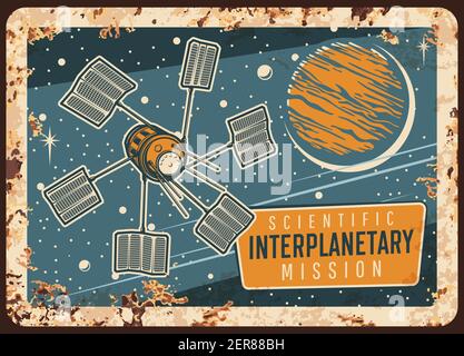 Interplanetare wissenschaftliche Mission Vektor rostigen Metallplatte. Satellit mit Sonnenkollektoren umkreisen außerirdischen Planeten in Sternenhimmel mit Meteoren. Orbital Arti Stock Vektor