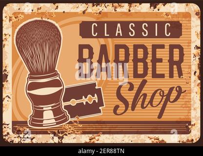 Barbershop Rosty Metallplatte, Vektor vintage Rost Blechschild mit klassischer Ausrüstung Rasierpinsel und Rasierklinge für Männer Haarschnitt und Bartrasur. F Stock Vektor