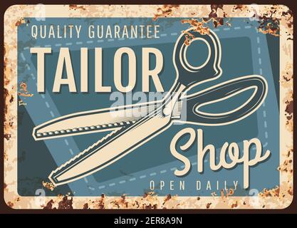 Schneiderei rostigen Metallplatte mit Schere und Nähen Stich auf Vektor vintage Rost Hintergrund. Modedesigner Studio, Atelier, Schneiderwerkstatt Stock Vektor