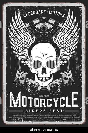 Motorrad Biker Festival grungy Poster. Menschlicher Schädel, Engelsflügel und Motorrad Motor gekreuzte Kolben, Rad Gummireifen graviert Vektor. Legendär Stock Vektor