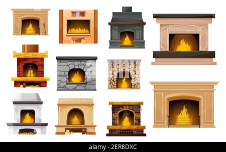 Kamin mit Feuer isoliert Vektor-Ikonen der Haus-und Raumgestaltung. Cartoon Ziegel und Stein Kamine mit Holzverbrennung, Elektro-und Gas Pow Stock Vektor