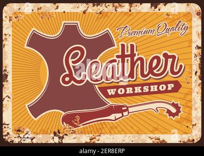 Leder Werkstatt Vektor rostig Metallplatte mit Wellenrand Marker und Stück Haut für Schneiderarbeiten. Atelier oder Studio promo vintage Rost Dose SIG Stock Vektor