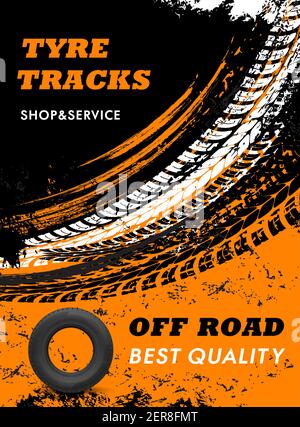 Auto Offroad Reifen Shop und Service grungy Poster. Auto Gummireifen, Fahrzeug Radmarken und Auto Protektor Gewinde, LKW-Reifen verschmutzte Spuren ve Stock Vektor
