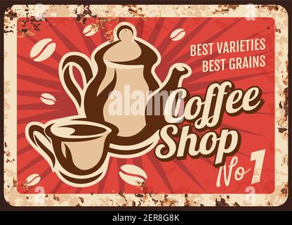 Café-Bar, rostiger Metallteller. Klassische Keramik Wasserkocher und Porzellan Tasse mit Heißgetränk, Kaffeebohnen Vektor. Café oder Restaurant Getränke Retro Banner, o Stock Vektor