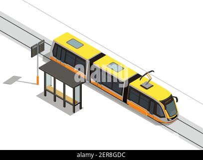 Öffentlicher Nahverkehr isometrische Zusammensetzung mit Blick auf Straßenbahn-Linie Und Rollmaterial mit Transit Shelter Vektor-Illustration Stock Vektor